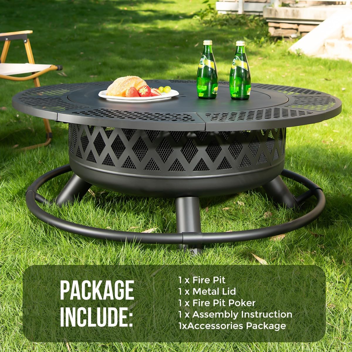 Panovue 42 Inch Outdoor Fire Pit with Grill Wood Burning 3-in-1 Firepit