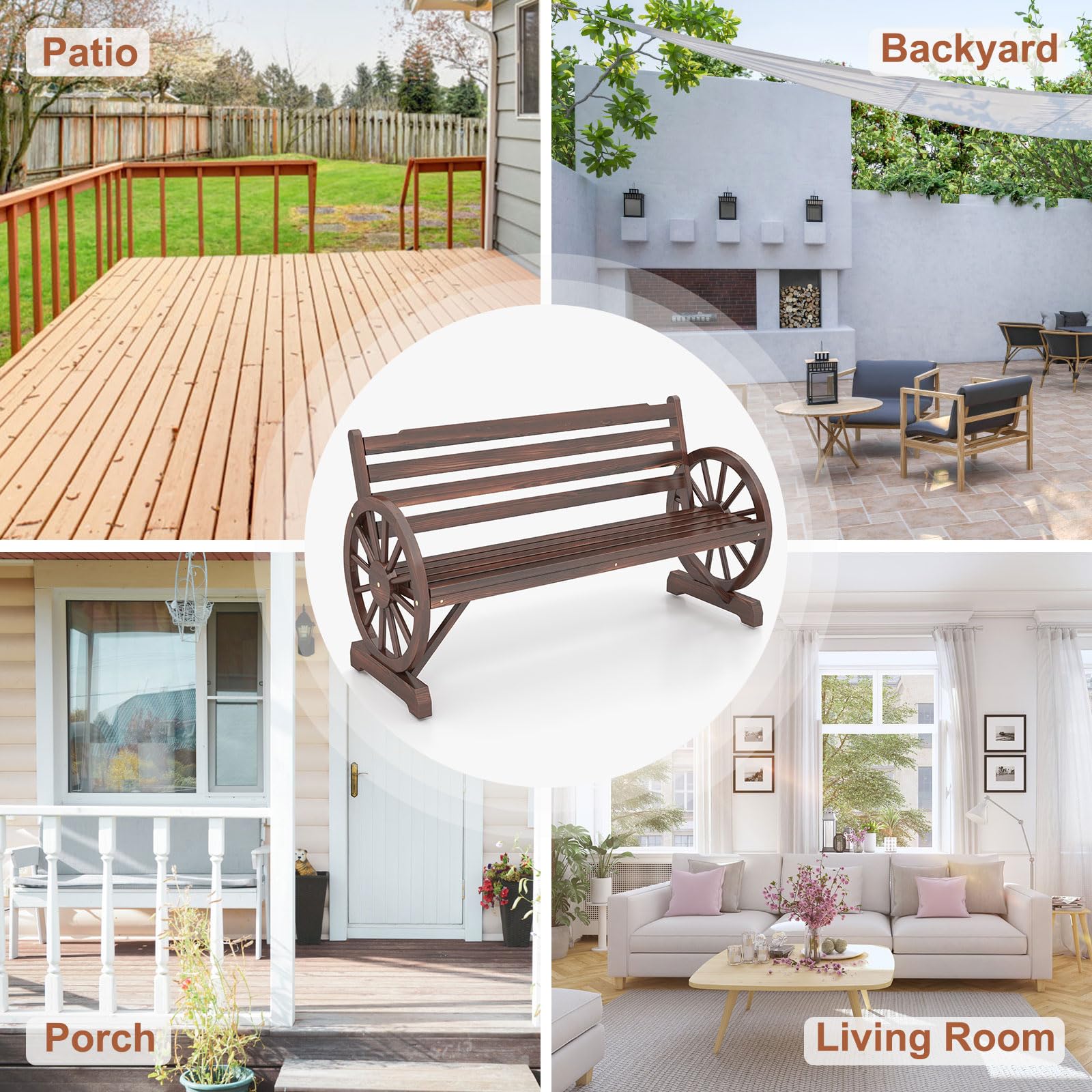 Outdoor Wooden Wagon Bench with Wheel Armrest