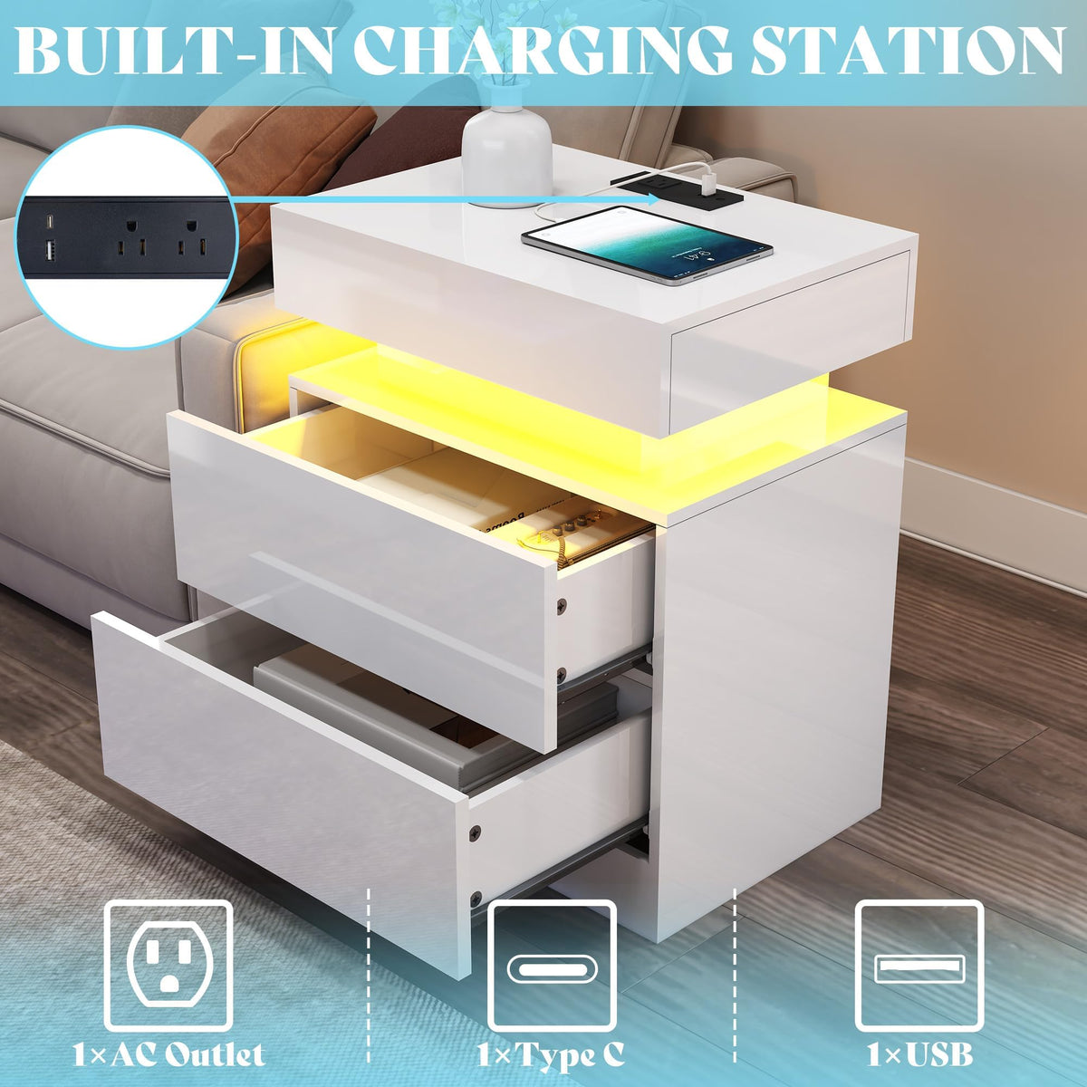 AMERLIFE 3-Piece High Gloss Coffee Table Set with LED Lights