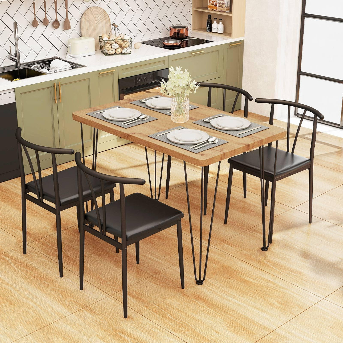 GIANTEX 5-Piece Dining Table Set, 43-Inches Rectangular Kitchen Table & 4 Armless Chairs with Upholstered Seat, Spindle Back, Metal Frame, Dinette Set for Small Space, Living Room (Oak+Black)