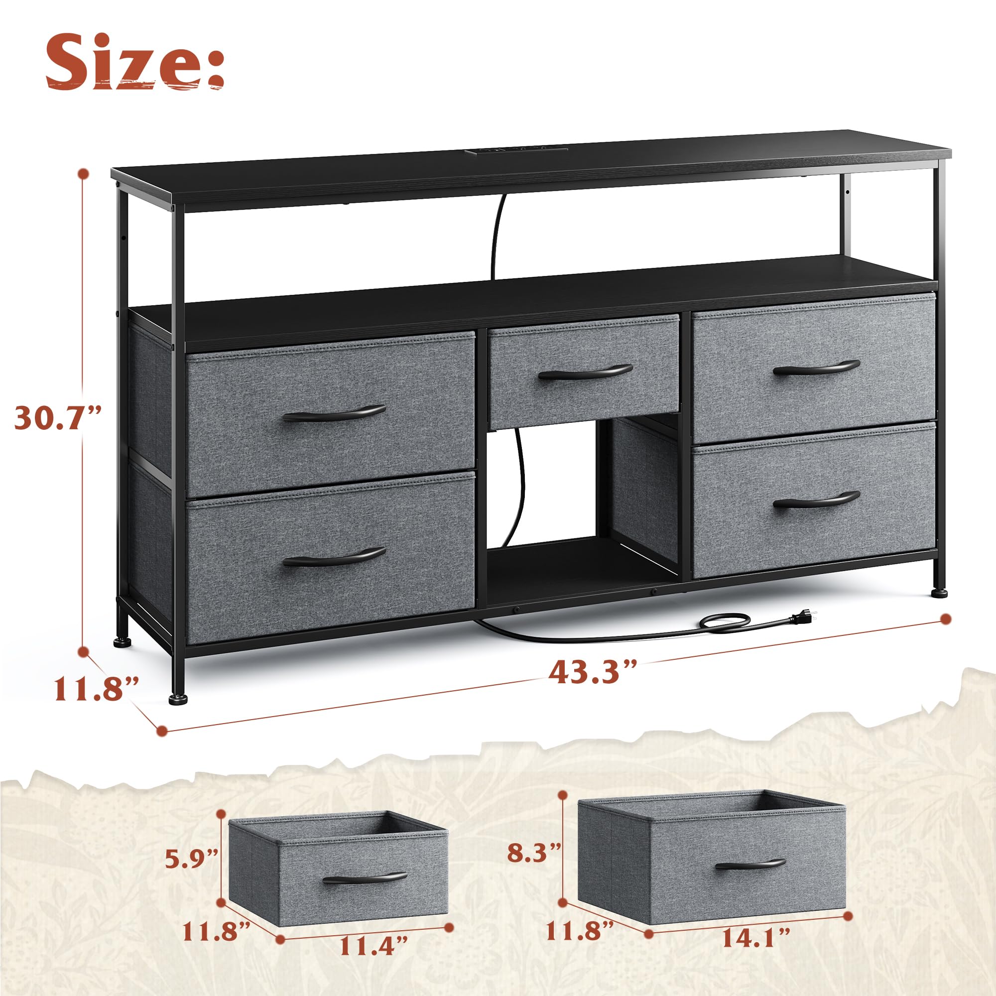 EnHomee TV Stand Dresser with LED Lights & Power Outlets, Entertainment Center for 50" Inch TV, 5 Drawers TV Stand for Bedroom Media Console with Shelves for Living Room, Sturdy Metal Frame, Grey