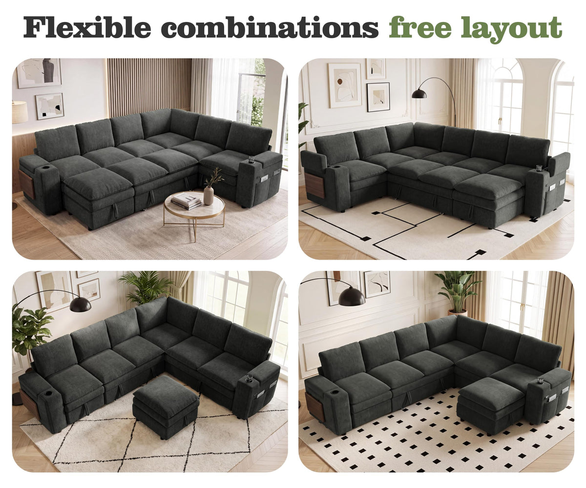 Vipbear Modular Sectional Cloud Sofa with Pull Out Bed,Sleeper Couch,Gray
