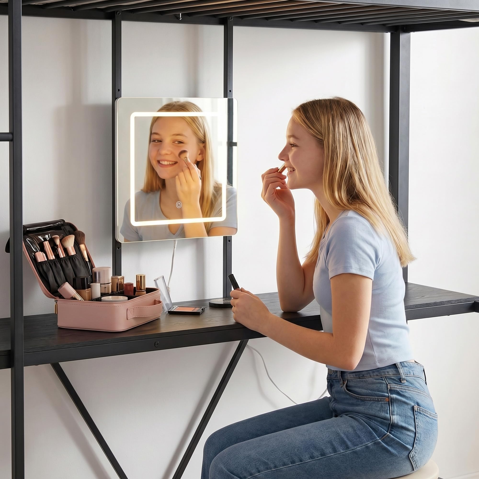 FUQARHY Twin Size Loft Bed with Desk, Bunk Bed with Storage Drawers Underneath, Metal Loft Bed Twin with Vanity, No Box Spring Needed (Black)