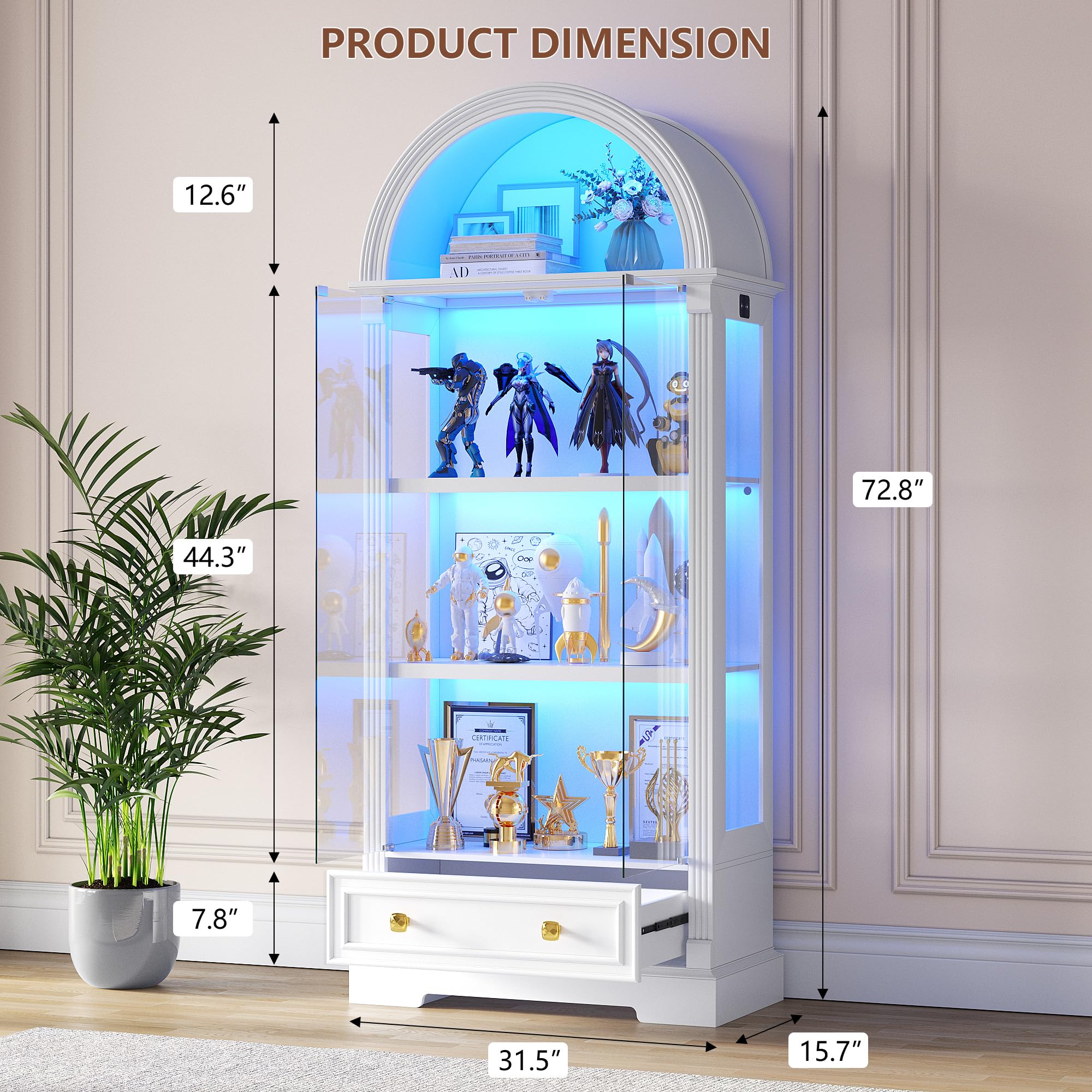 Arched Glass Display Cabinet with Motion Sensor LED Lights