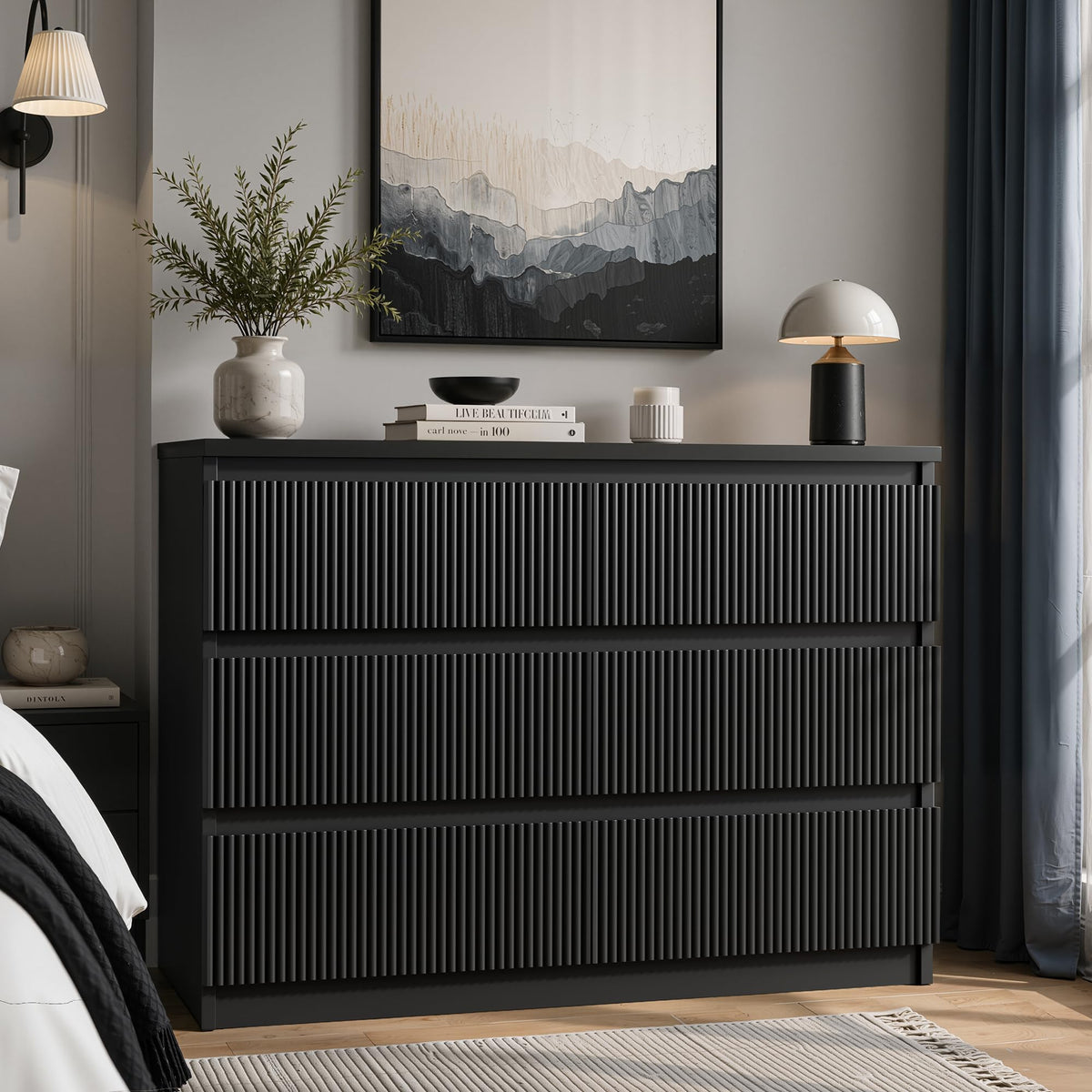 Black Fluted 6-Drawer Dresser