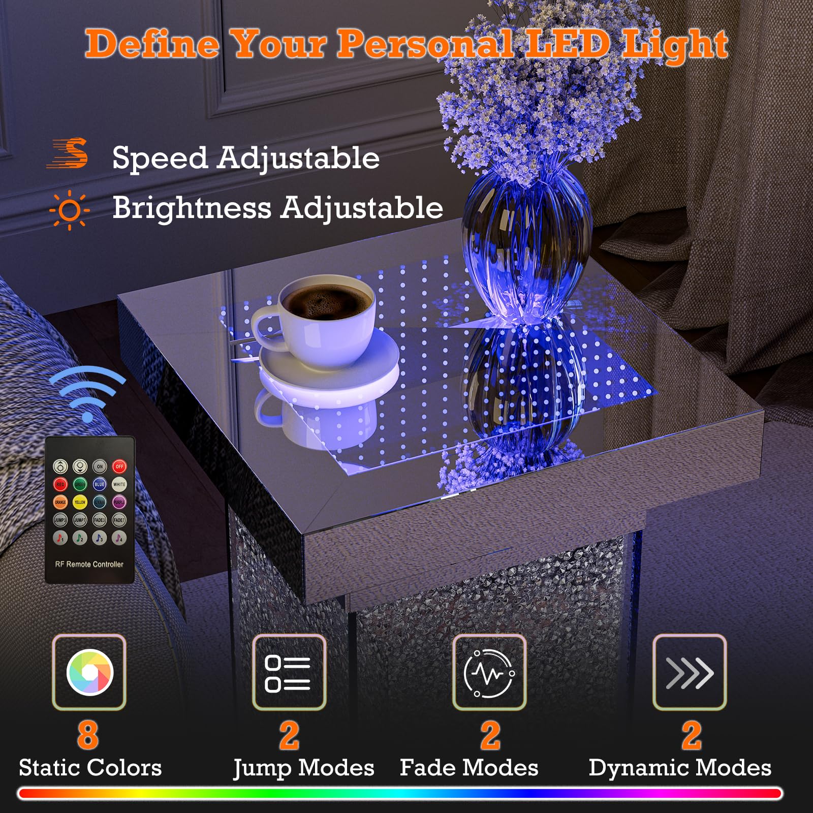 KZNGK Mirrored End Table Nightstand with LED Light, Modern LED Side Table with Crystal Diamond Inlay, Remote Control, 8 Colors Changing Light