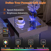 KZNGK Mirrored End Table Nightstand with LED Light, Modern LED Side Table with Crystal Diamond Inlay, Remote Control, 8 Colors Changing Light
