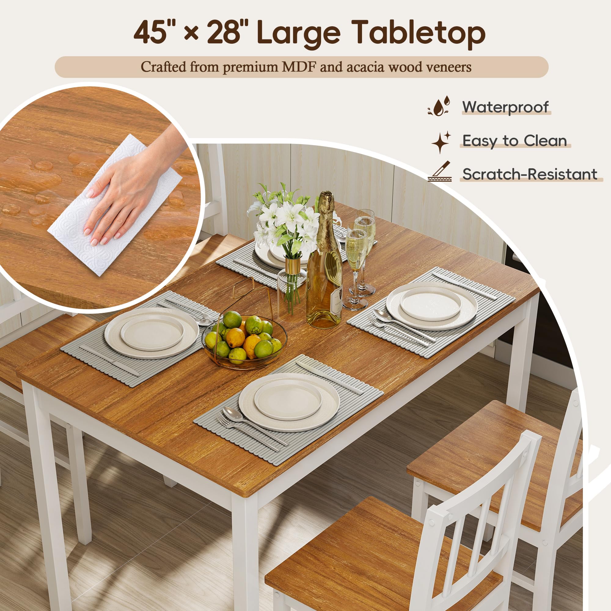 5-Piece Farmhouse Dining Table Set with 4 Chairs
