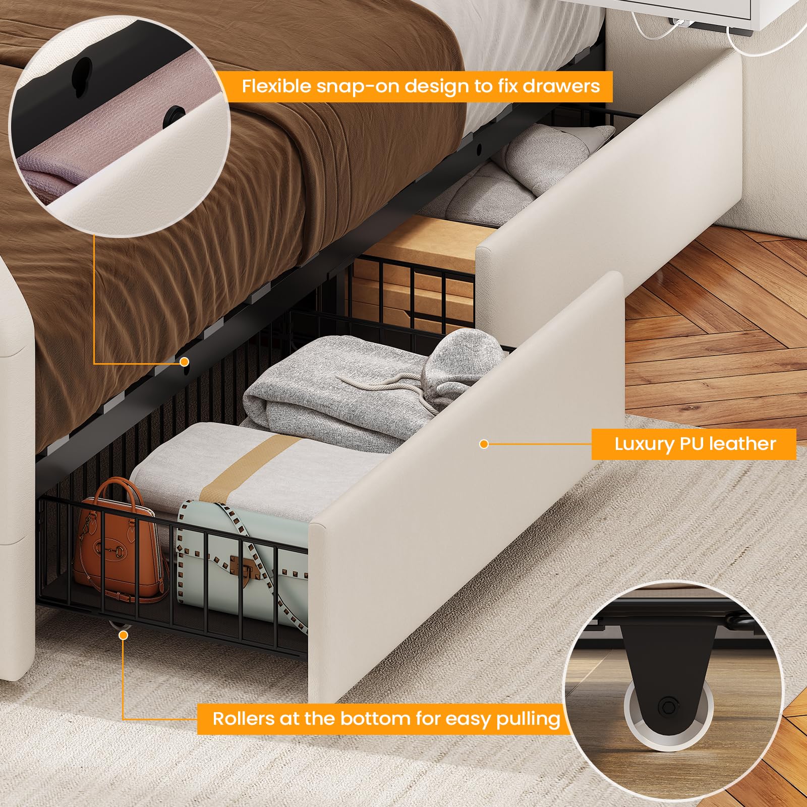 Queen Bed Frame with Storage Drawers, LED & Nightstands