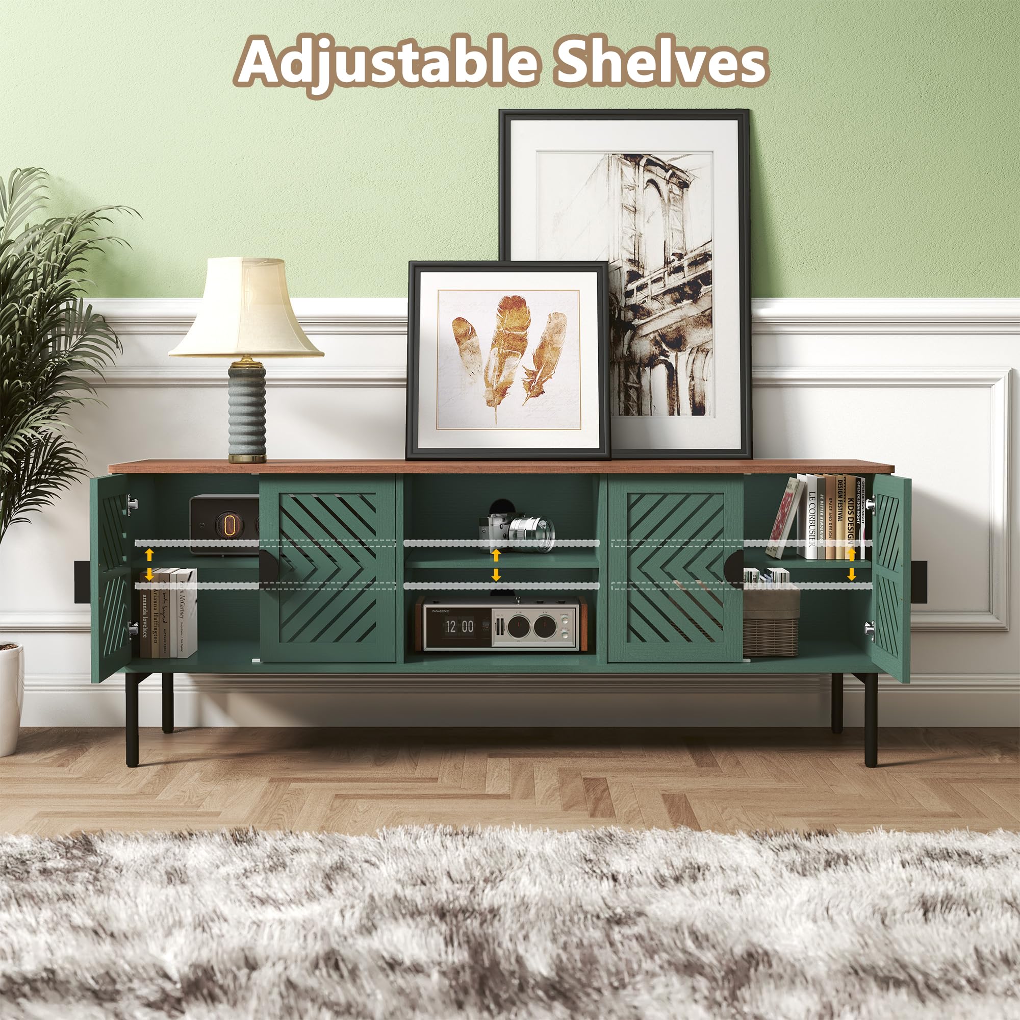 ARTPOWER 63" Modern TV Stands for Living Room, Long Entertainment Center with Storage, TV Console for 55 60 65 70 Inch TV, Bedroom TV Cabinet with Doors, Wood Media Console, Television Stand, Green