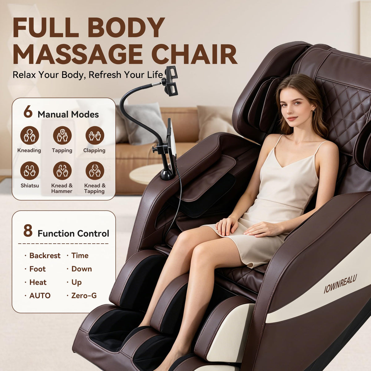 ZHCREAL 2026 Massage Chair Full Body, Zero Gravity Massage Chair Recliner with 10 Fix Rollers, Airbags, Heating, Foot Massage, Auto Modes, Bluetooth Speaker, Smart Screen Controller, Brown