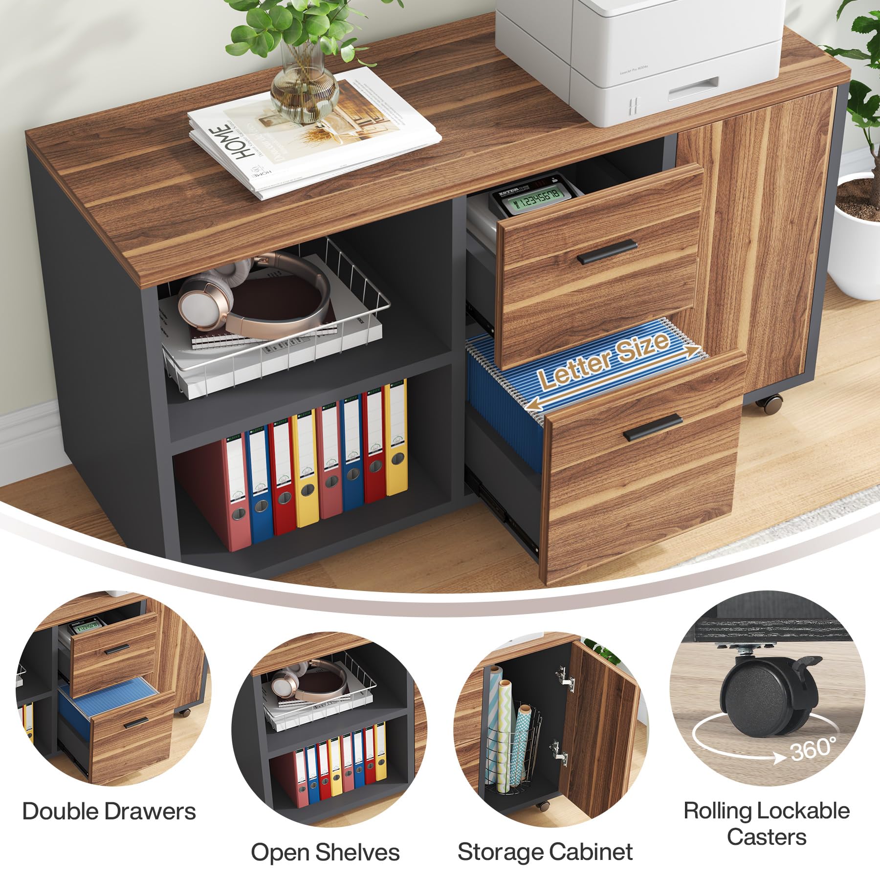Tribesigns 71 Inch Executive Desk, L-Shaped Desk with Mobile File Cabinet, Executive Office Table with 2 Drawers and Storage Shelves, Business Furniture Workstation for Home Office, Walnut and Black