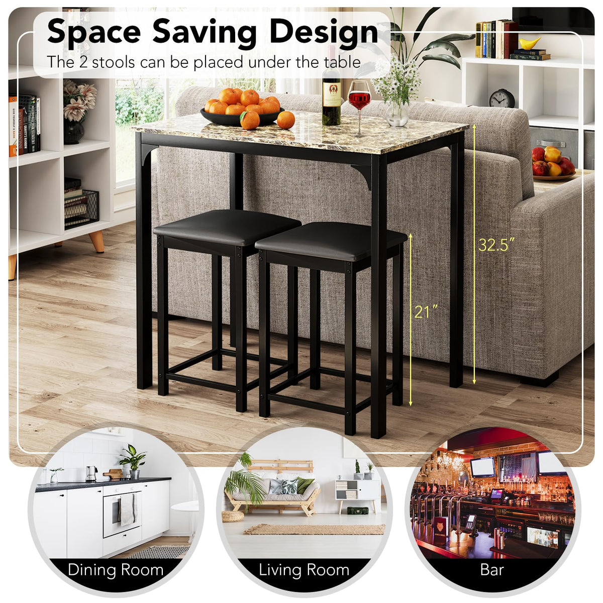 GIANTEX Dining Table Set for 2, Counter Height Bar Table with Faux Marble Pattern Tabletop, 2 Padded Bar Stools, Footrests, Metal Frame, Dinette Set for Kitchen Small Space Breakfast Nook Pub, Brown