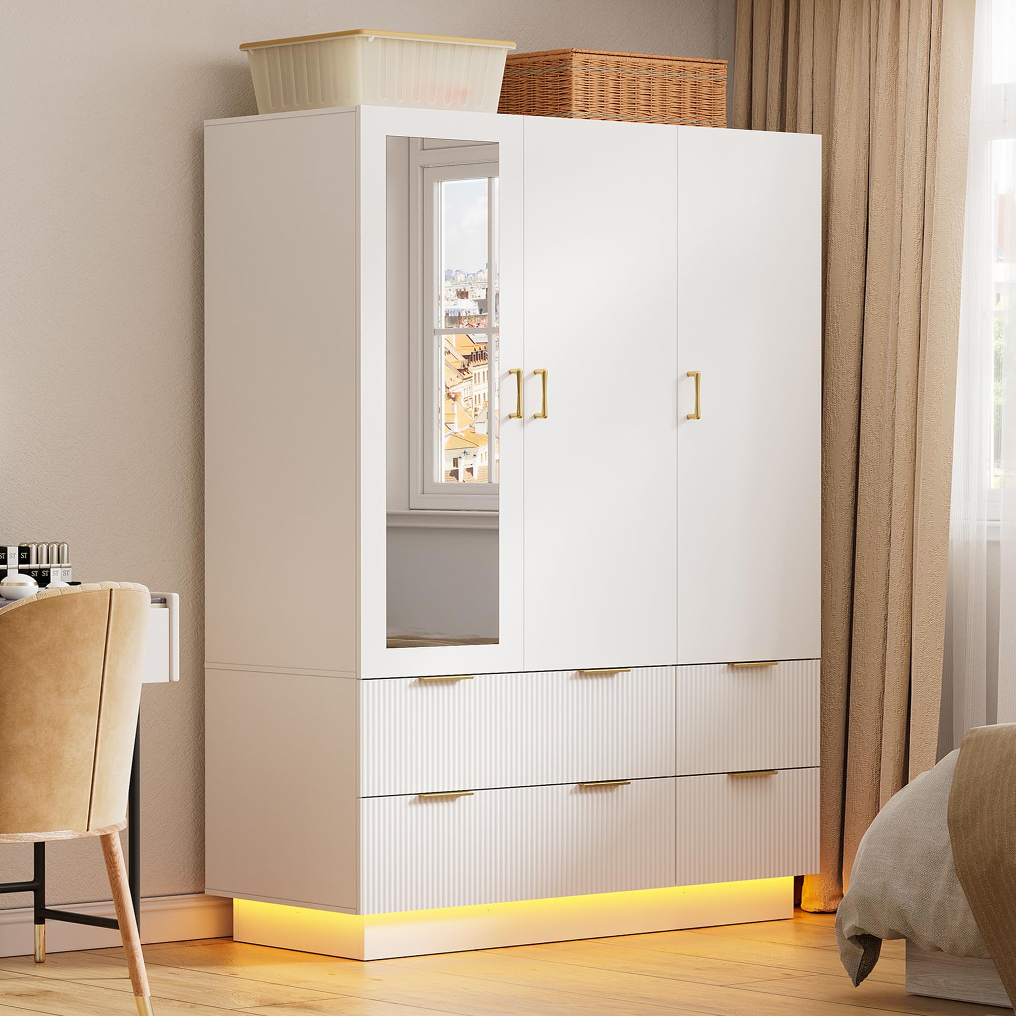 3-Door Wardrobe Closet with Mirror & LED Lights