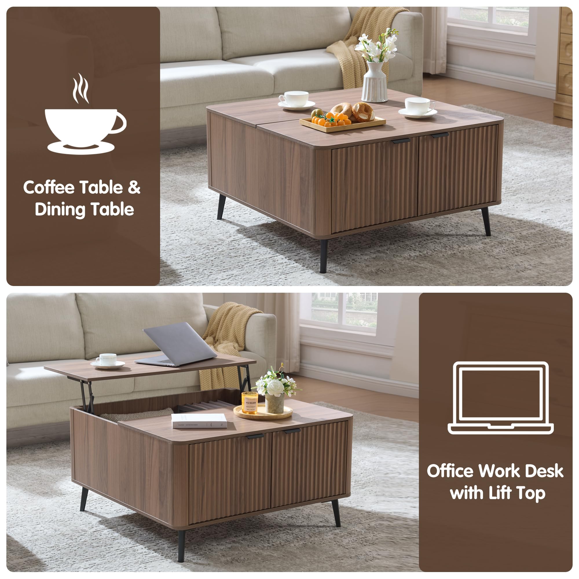 Fatmok Large Lift Top Coffee Table with Hidden Compartment, 35.4" Wide Oversized Square Coffee Table with Storage, Mid Century Modern Fluted Center Table for Home Living Room, Brown
