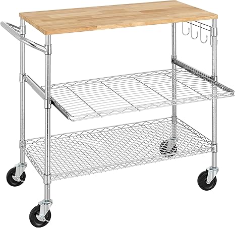 Rolling Kitchen Cart with Oak Wood Top
