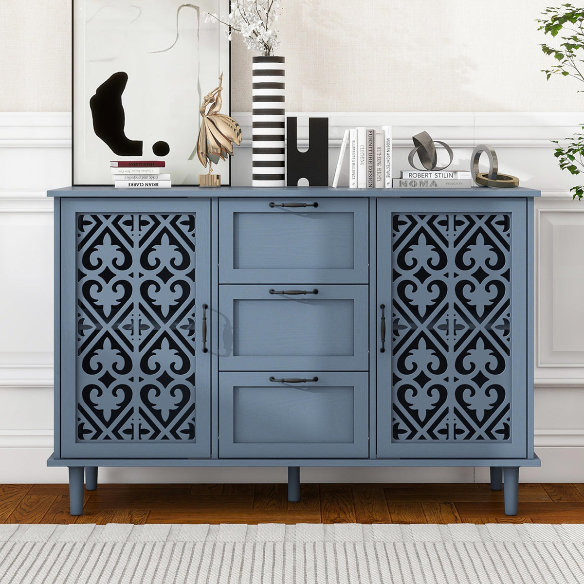 YHAOWORKS Sideboard Buffet Cabinet with Storage - Accent Storage Cabinet American Furniture, Modern 2 Door 3 Drawer Cabinet, Farmhouse Wood Credenza for Kitchen, Dining Room, Entryway (Blue)