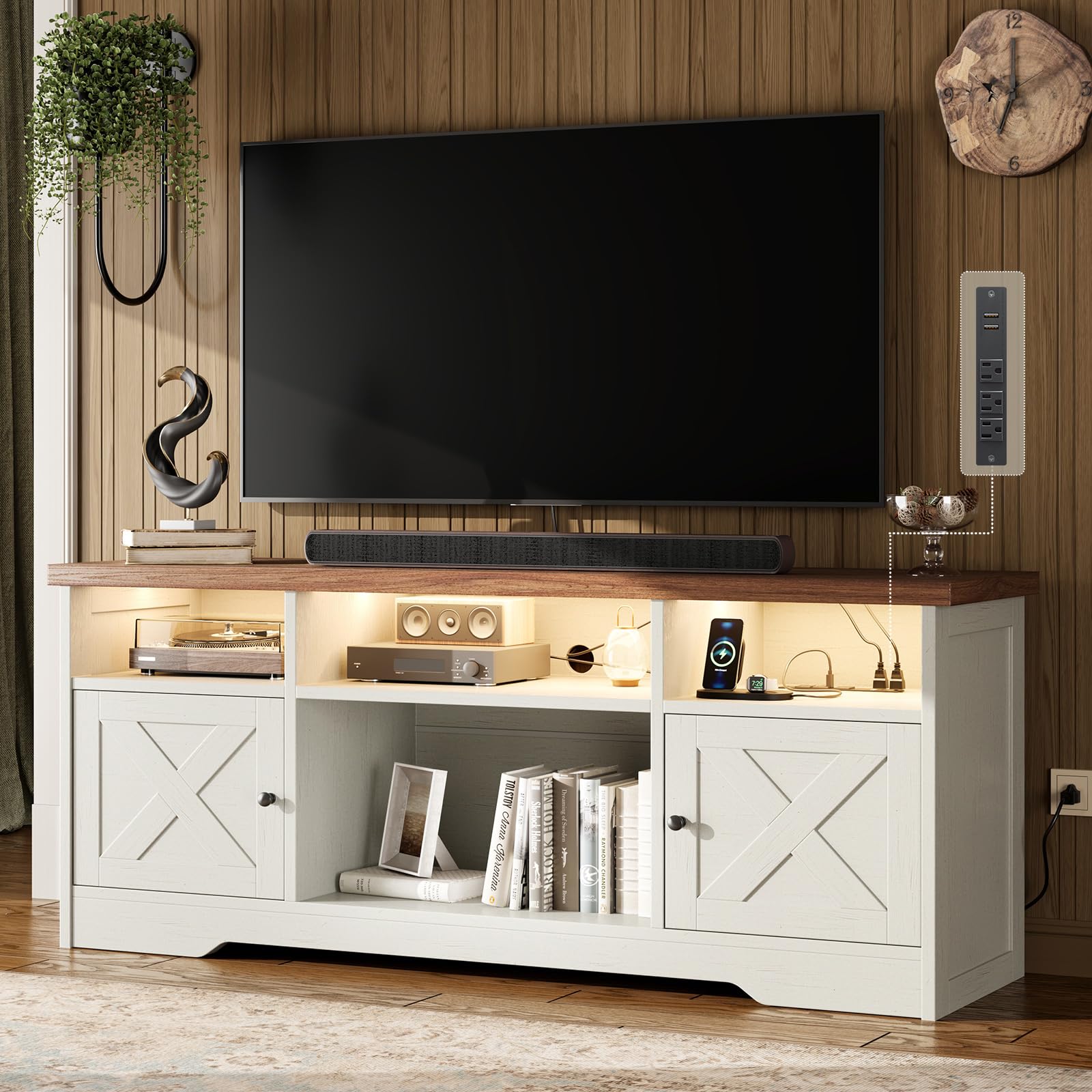 LED TV Stand with Power Outlet & Storage Cabinets