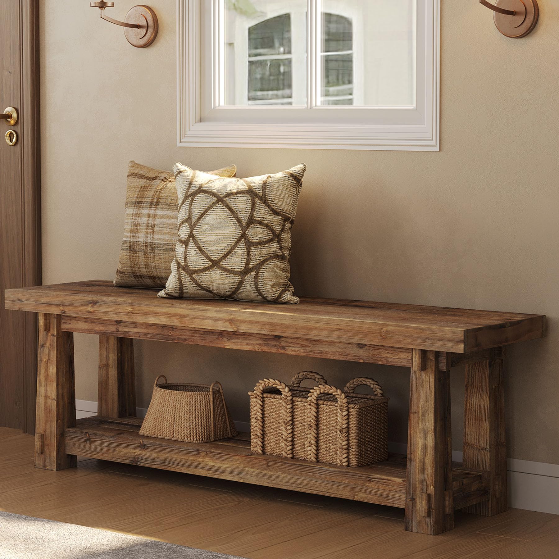 TRIBEWOOD 55" Solid Wood Entryway Bench with Shoe Storage, Rustic Wood Grain Shoe Rack Window Bench Seat for Foyer, Hallway, Mudroom, Bedroom, Easy Assembly (Rustic Light Wood)