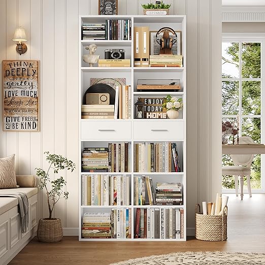 7-Tier Tall Bookcase with Drawers
