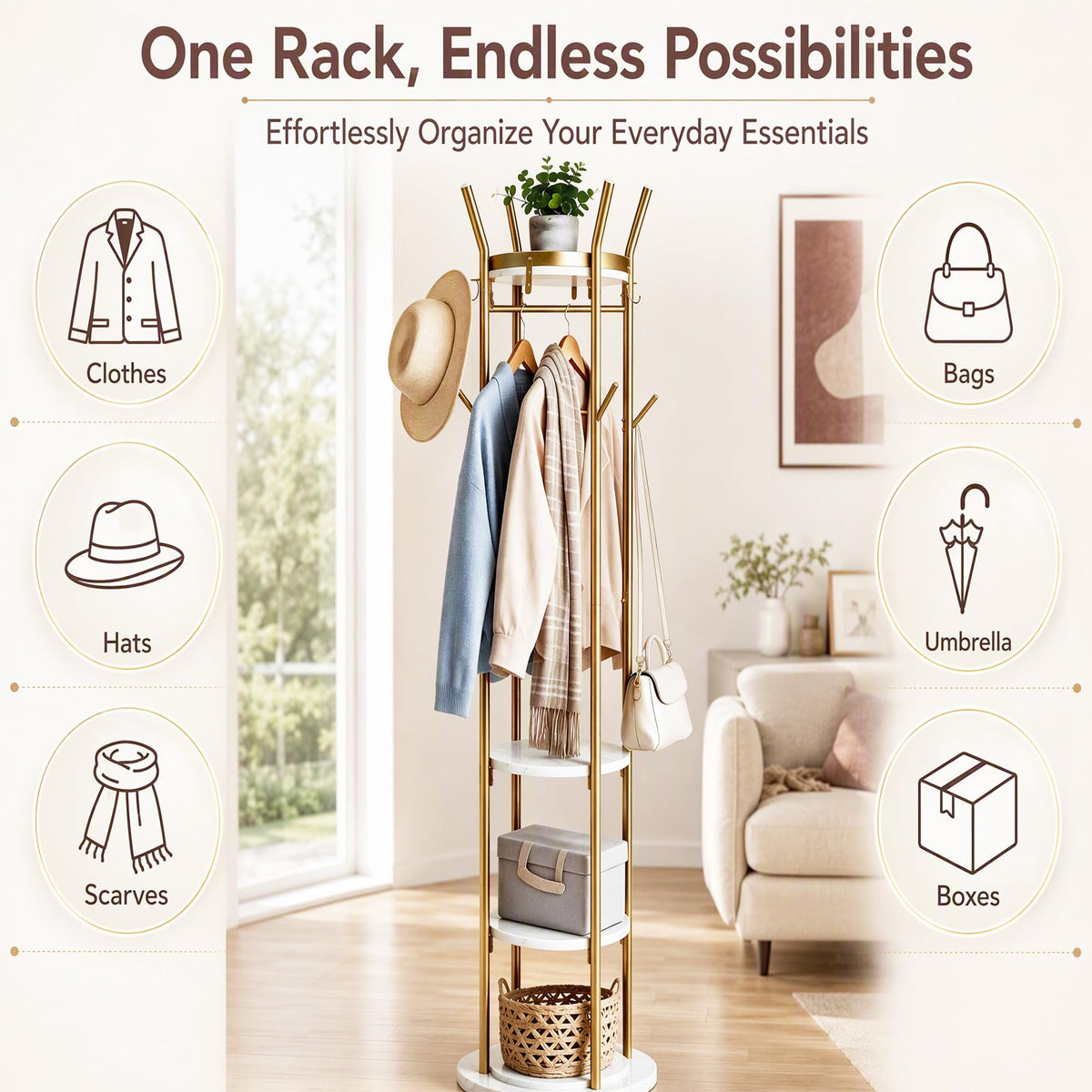 HOMEFORT Coat Rack Freestanding,Metal Coat Stand,4 Shelves,12 Hooks,Gold
