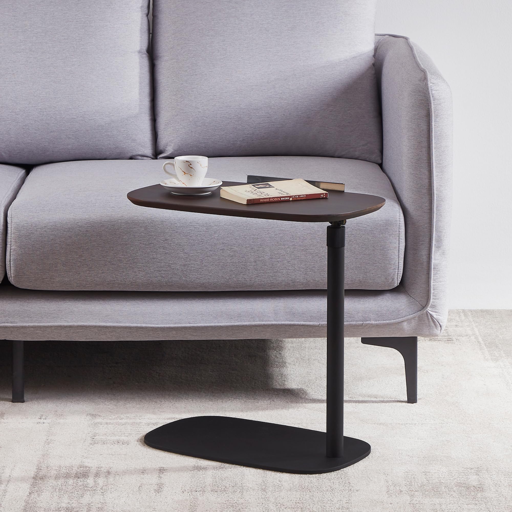 C-Shaped Adjustable Side Table with Rotatable Walnut Top