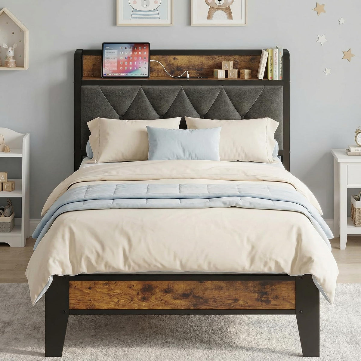 ANCTOR Twin Bed Frame, Storage Headboard with Charging Station