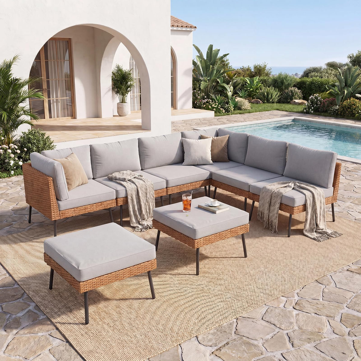 Aoxun 8 Piece Patio Furniture Set, 8 Seats Outdoor Sectional Sofas with Thick Cushion, Wicker Outdoor Patio Furniture Set with Ottomans for Party, Garden, Backyard, Grey