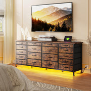 63"W TV Stand for Bedroom with LED Light & Power Outlets, Long Dresser with 18 Deep Drawers for 65 70 75 inch TV, Fabric Dresser TV Stands for Living Room Entryway Hallway Closet, Rustic Brown