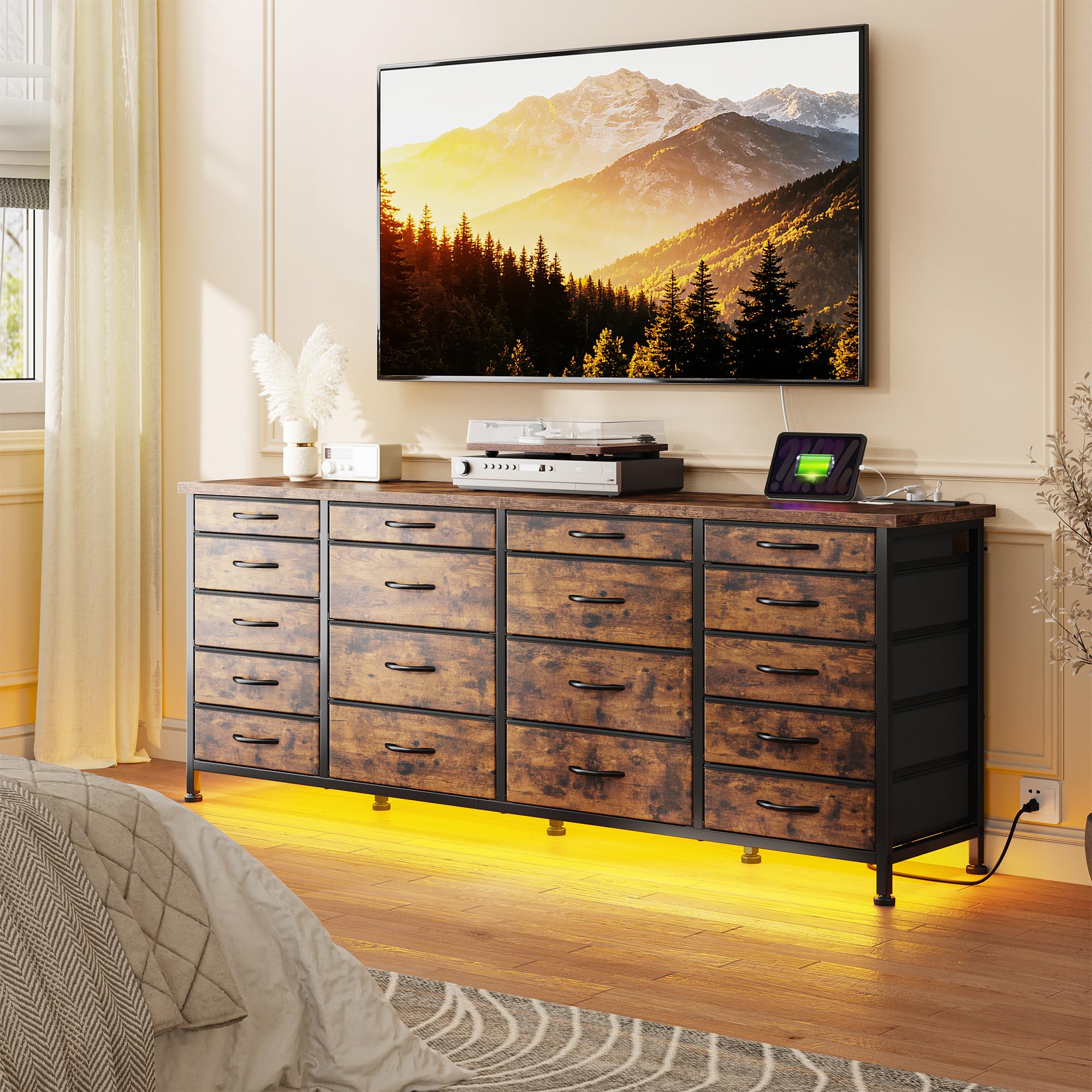 63"W TV Stand for Bedroom with LED Light & Power Outlets, Long Dresser with 18 Deep Drawers for 65 70 75 inch TV, Fabric Dresser TV Stands for Living Room Entryway Hallway Closet, Rustic Brown