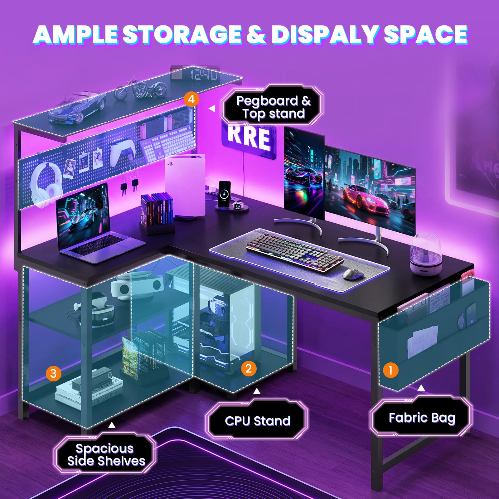 L-Shaped Gaming Desk with LED Light & Power Outlet, 47 Inch