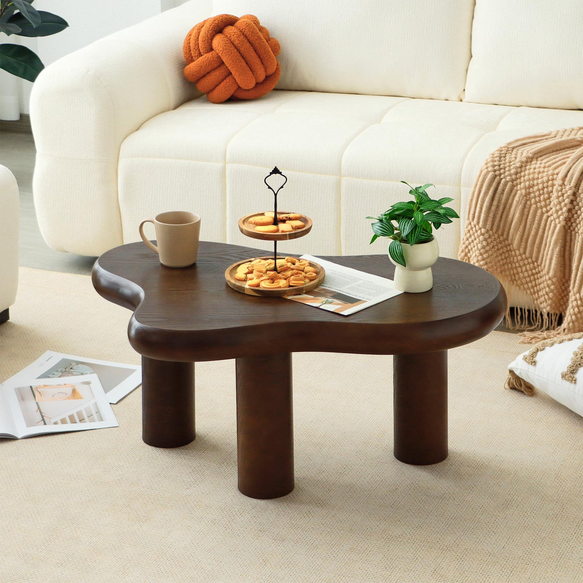 Mordchil HF 34"(L) Cloud Coffee Table, Modern Wood Coffee Table for Living Room, Accent Center Tables with 3 Legs, Small Tea Tables for Balcony, Patio, Bedroom, Walnut