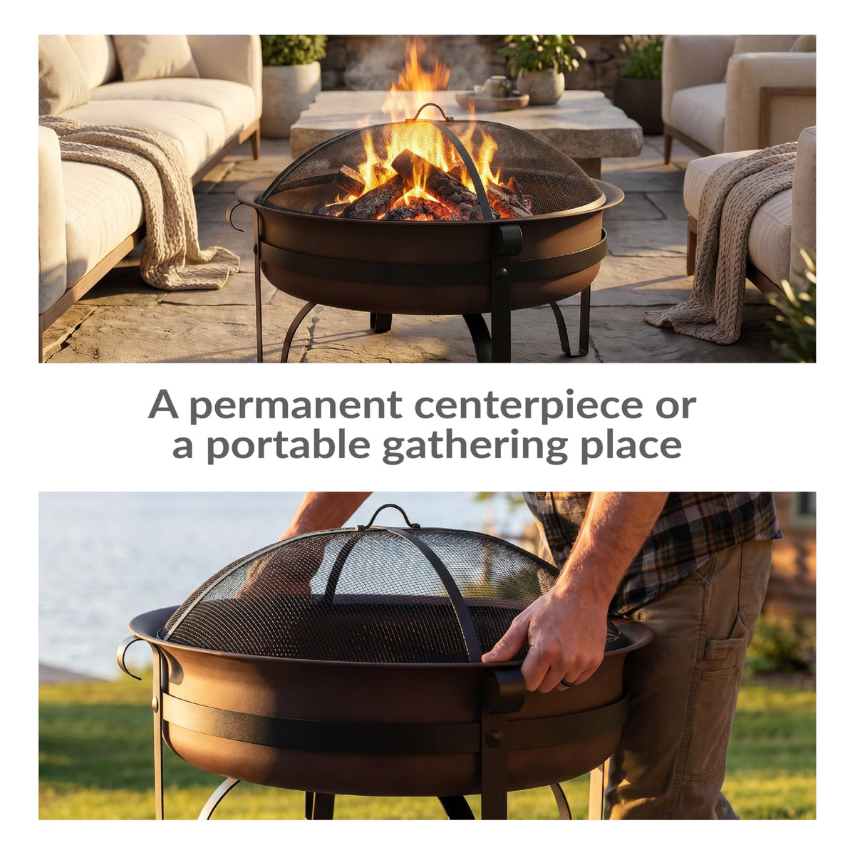 Sunnydaze 34" Patio Fire Pit for Outside Wood Burning, Round, Dark Bronze