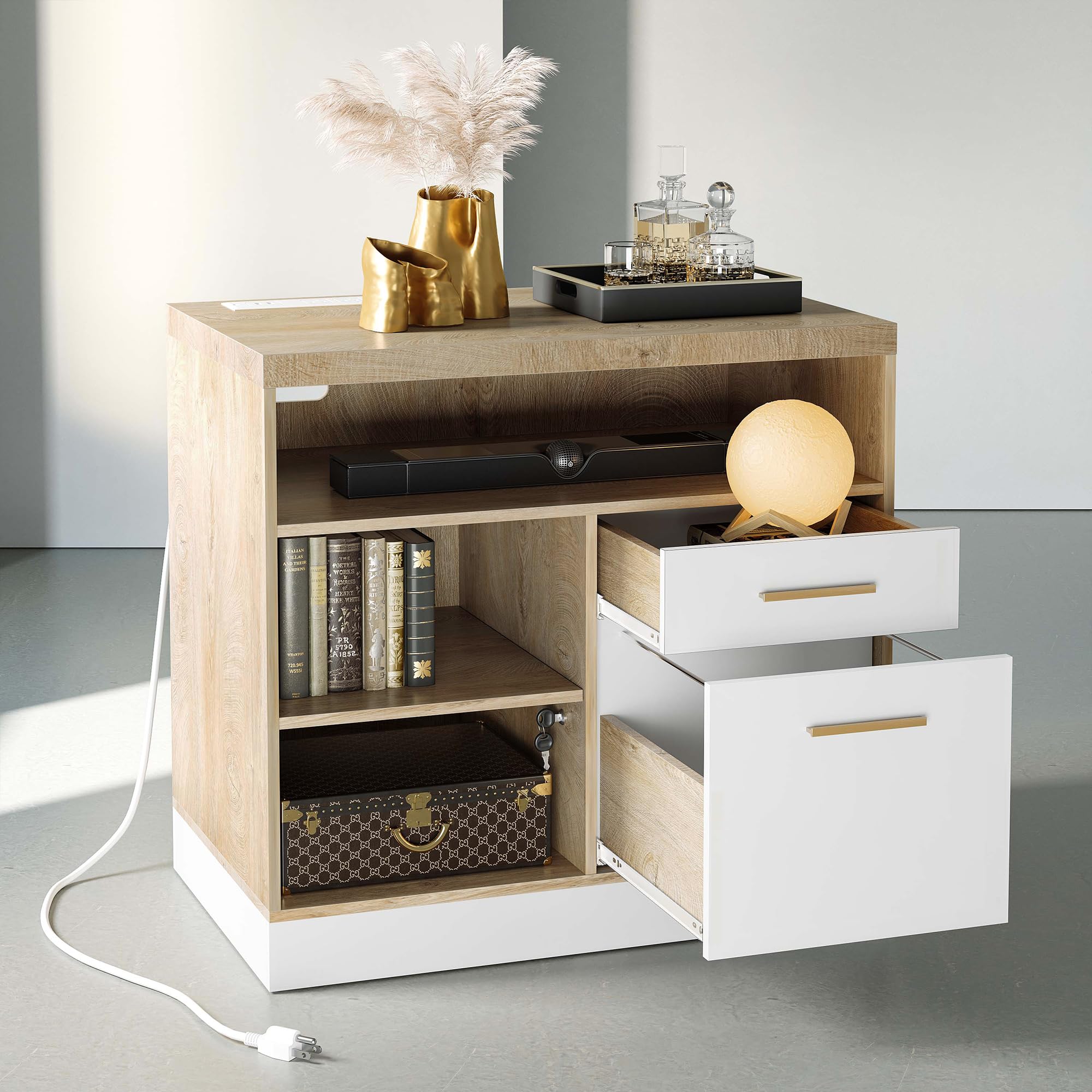2-Drawer Wood File Cabinet with Lock & Power Outlets