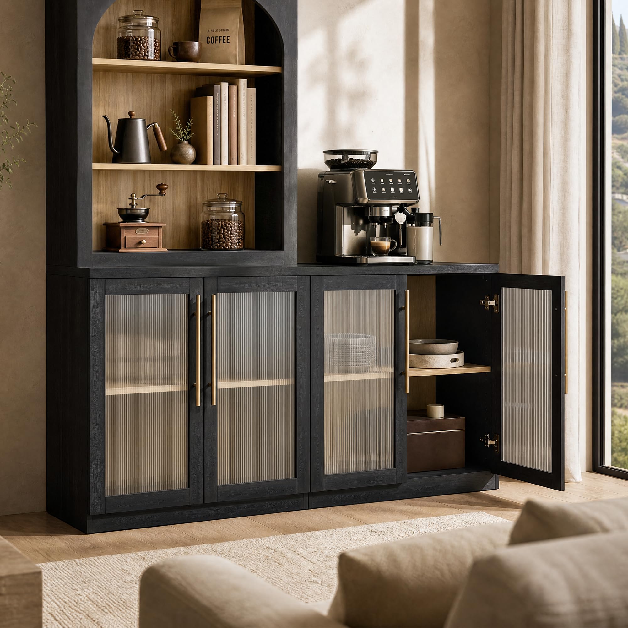 ModernMate Set of 2 Accent Sideboard Cabinets, 62" Modular Storage Buffet Table with Acrylic View Doors, Black Wood Grain Media Console with Soft-Close Hinges for Living Room, Dining Room