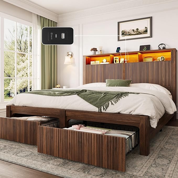 King Size Bed Frame with Storage Drawers, LED Lights & Charging Port
