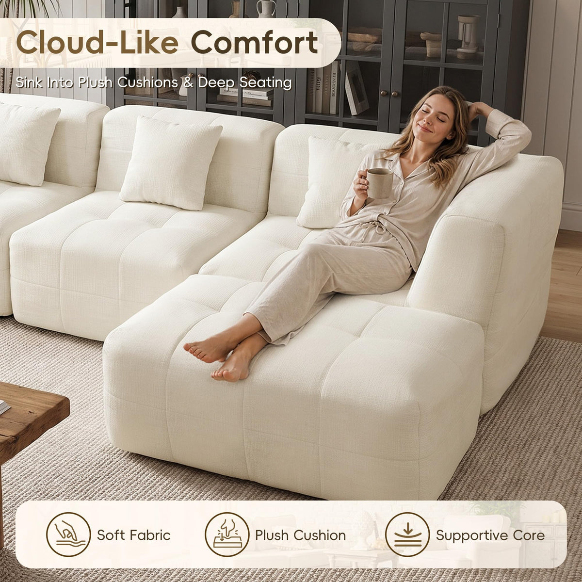 XVD 110" Boneless Couch, Modular Sectional Sofa with Deep Seat, Off White
