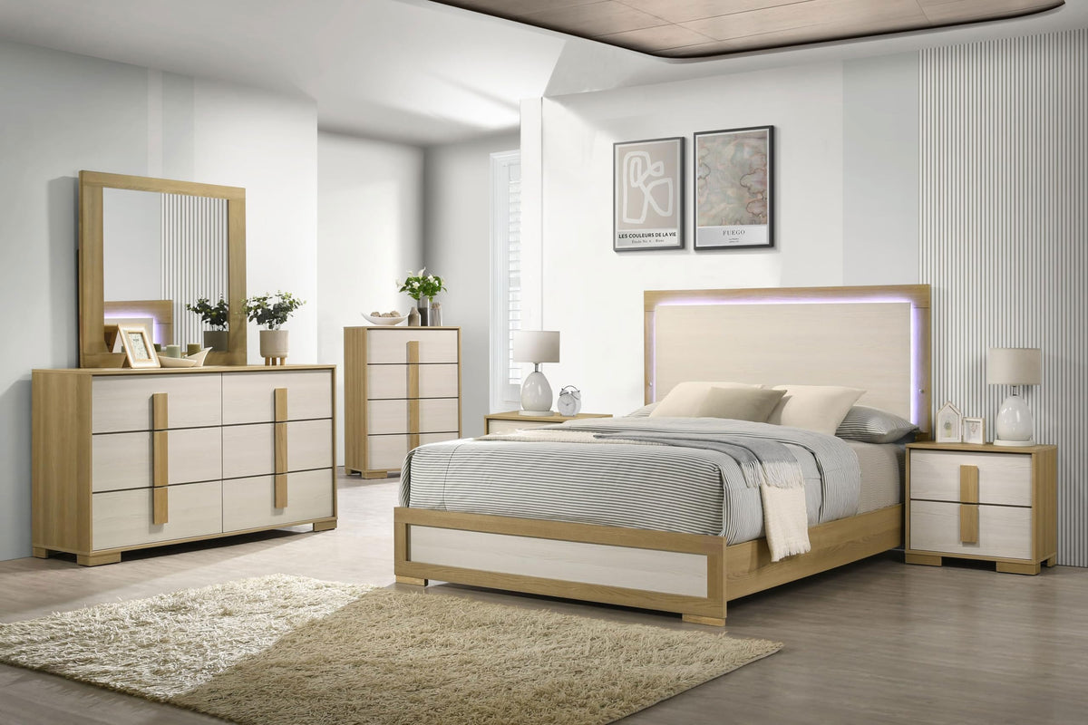 Kings Brand Furniture 6-Piece Natural/White Bedroom Set - King Size Bed with LED Lights, Dresser, Mirror, Chest and 2 Nightstands