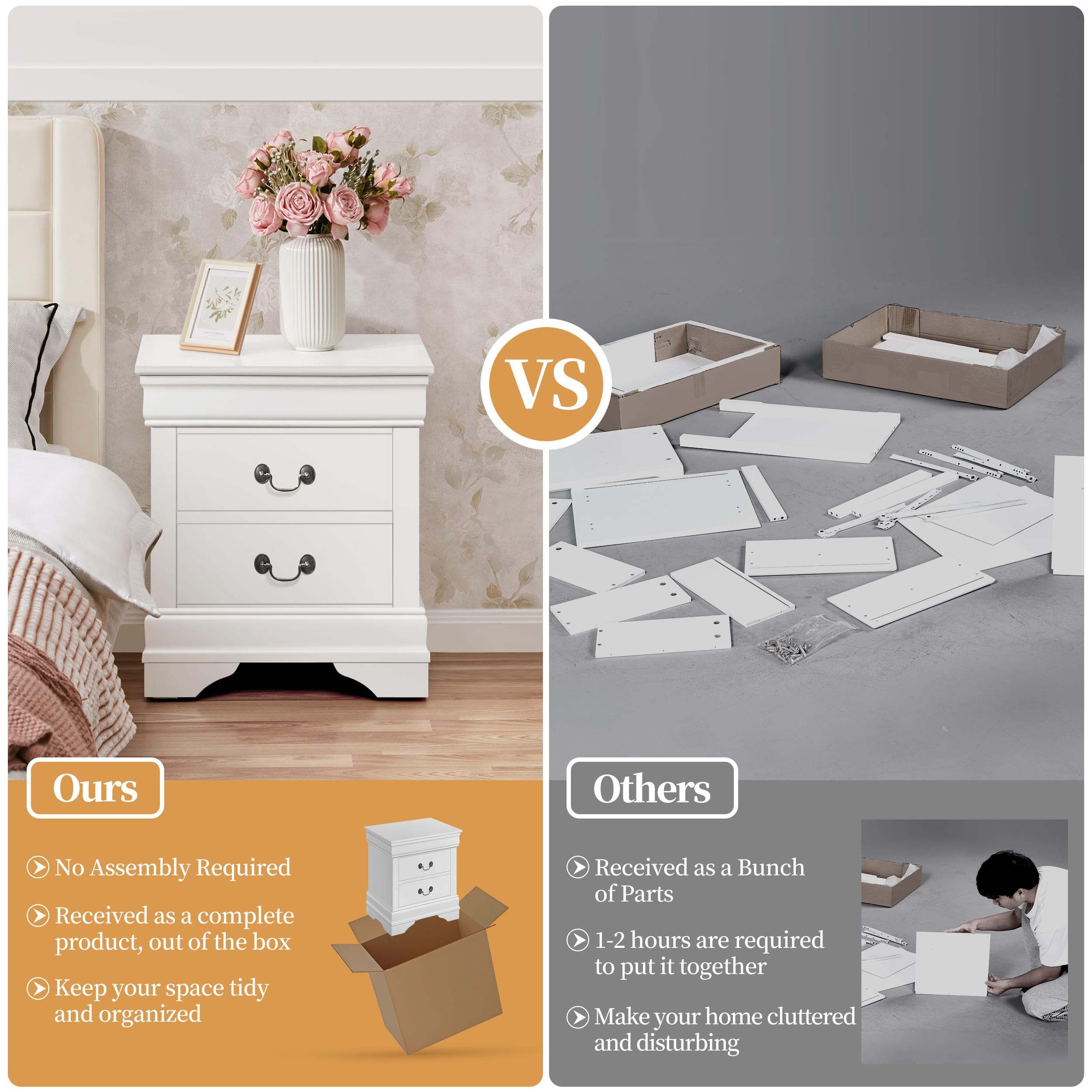 Yaheetech Fully-Assembled Nightstands Set of 2, 2-Drawer Nightstands Large Classic Bedside Tables with Storage, Wooden Painted Storage Cabinet, 21.5" L×16" W×24.5" H, White