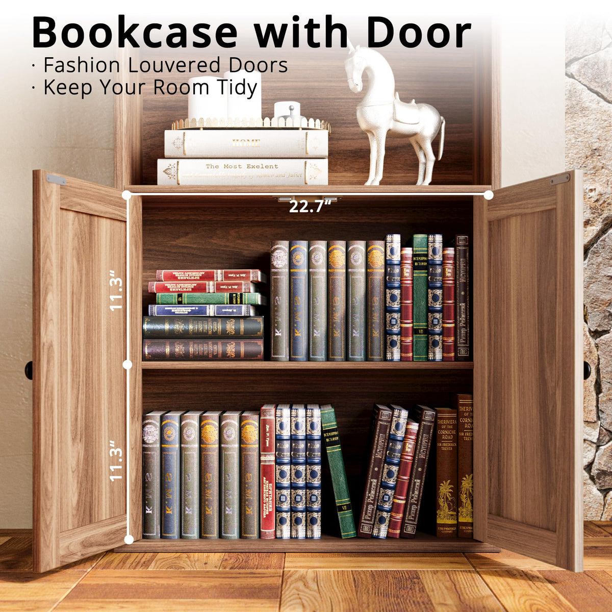 IRONCK Tall Bookshelf 70 in, Bookcases with Doors, Set of 2, Oak Brown