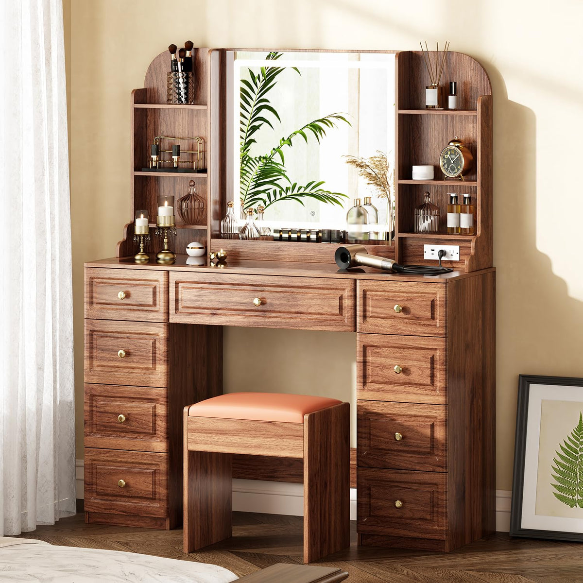 Arulvmrn 43” Wooden Makeup Vanity Set with Mirror and Lighted,Modern Vanity Desk with 9 Drawers,Storage Shelves, and Padded Seat, Dressing Table for Bedroom, Dorm, or Home Beauty Station,Brown