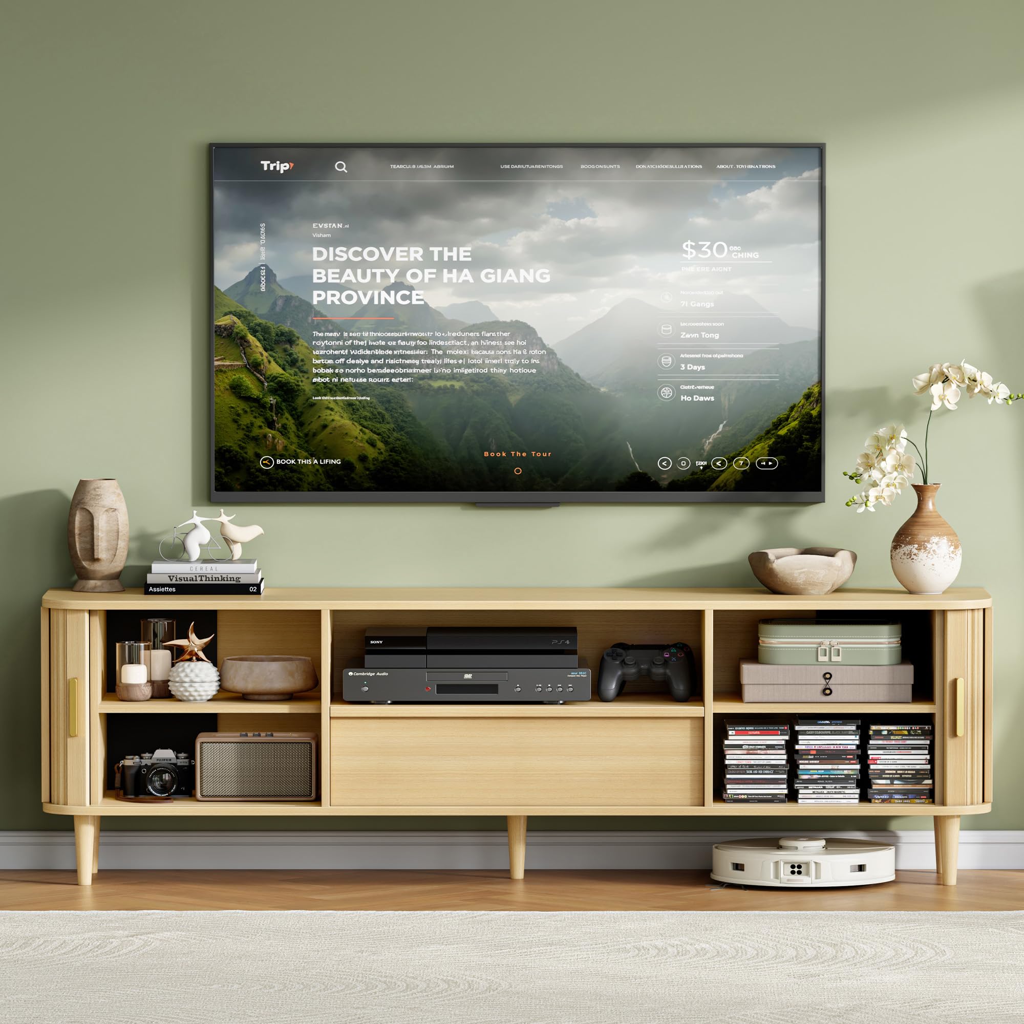 IRONCK Modern Fluted TV Stand for TVs Up to 80 inches, 69" Entertainment Center with Storage Drawer, TV Console with Sliding Doors and Adjustable Shelves, Media Console for Living Room Bedroom, Oak