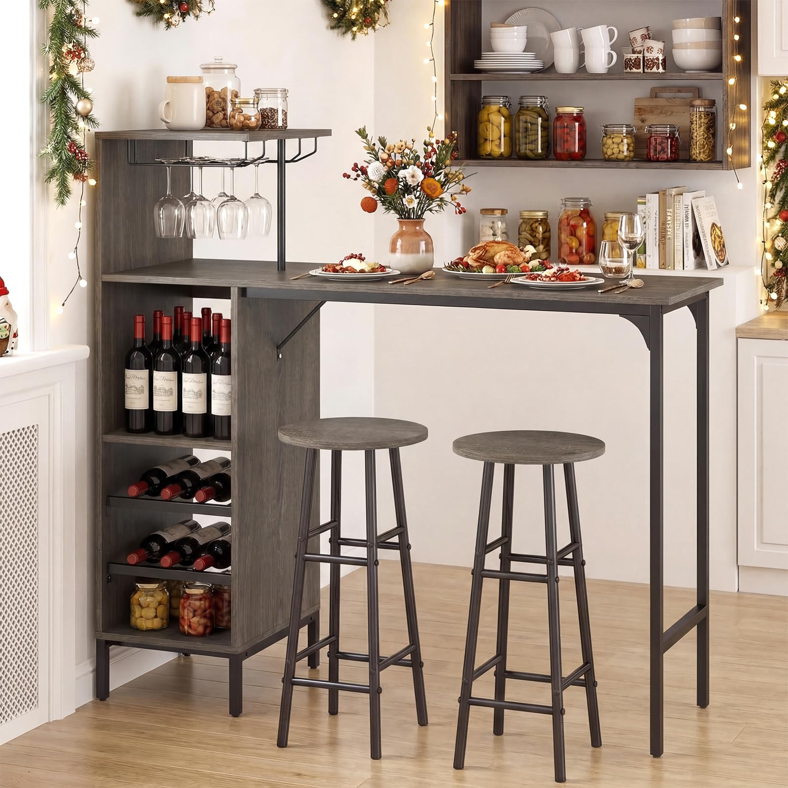 3-Piece Bar Table & Stool Set with Wine Rack