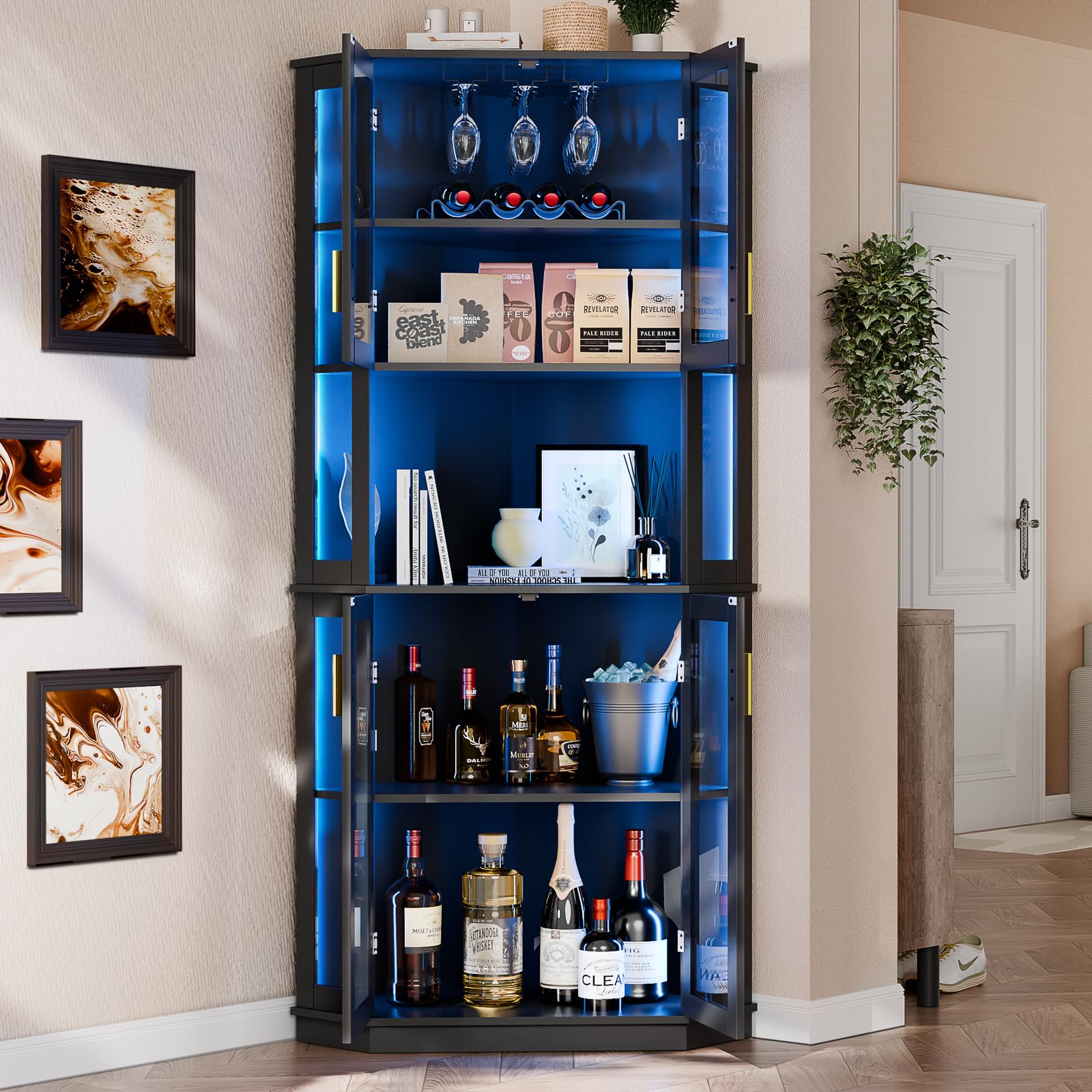Loomie 71'' Corner Wine Bar Cabinet with LED Lights,5-Tier Tall Home Liquor Coffee Bar Cabinet W with Tempered Glass Door & Glasses Rack, Alcohol Cabinet Storage Hutch for Kitchen,Living Room (Black)