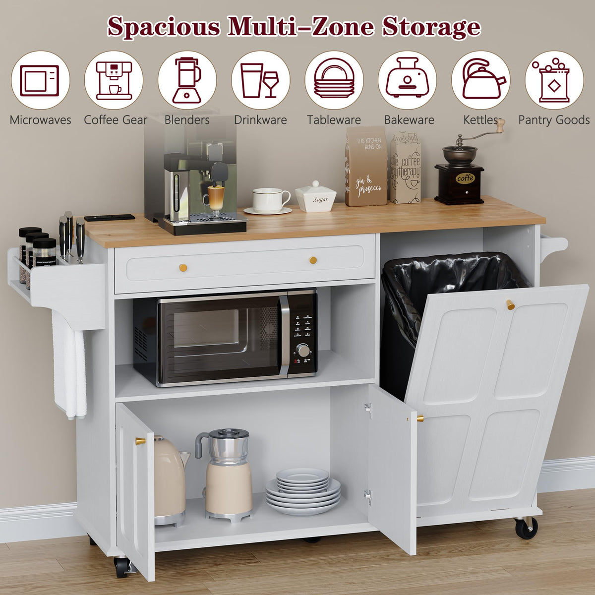 HLR 60" Kitchen Island with Trash Can Storage, Large Mobile Kitchen Island