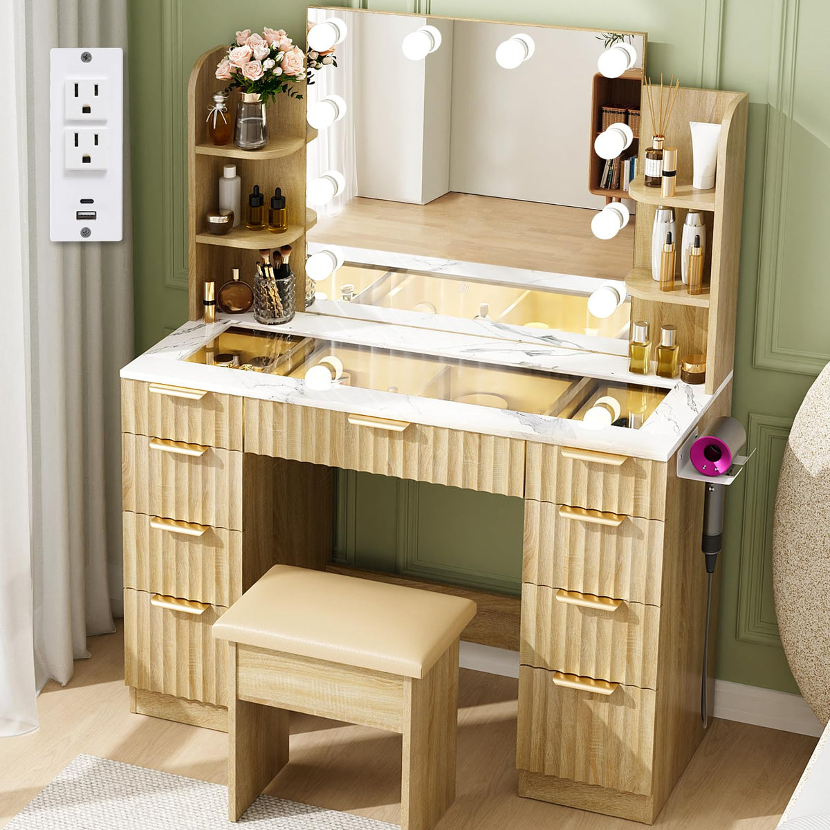 Fluted Glass-Top Makeup Vanity