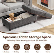 45 Inch Large Storage Ottoman Bench with Wooden Tray Coffee Table, Dark Grey Chenille Upholstered Foot Rest, Multifunctional Foot Stool Ottoman for Living Room, Bedroom & Entryway, Solid Wood Legs
