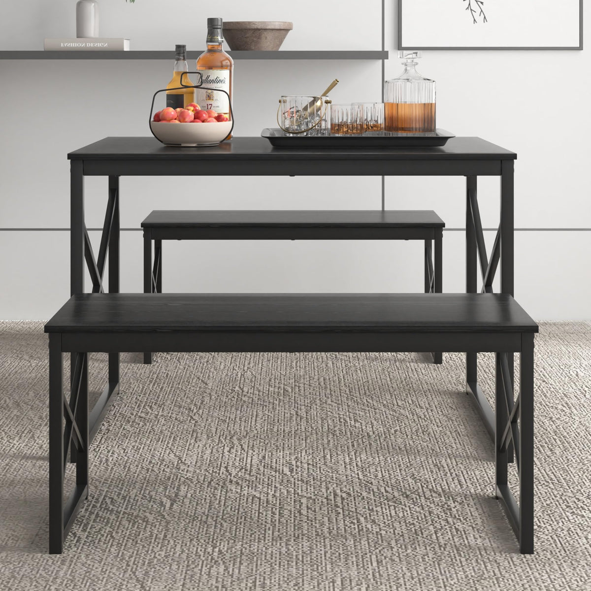 VECELO Kitchen Dining Table Benches Set for 4, 43.3" Wooden Dinette with 2 Benches, Heavy-Duty Dining Room Table for Small Space, Breakfast Nook, Black