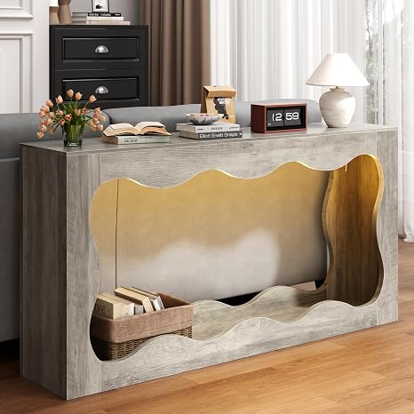 63" Farmhouse Console Table with LED Light Strip & Scalloped Edge