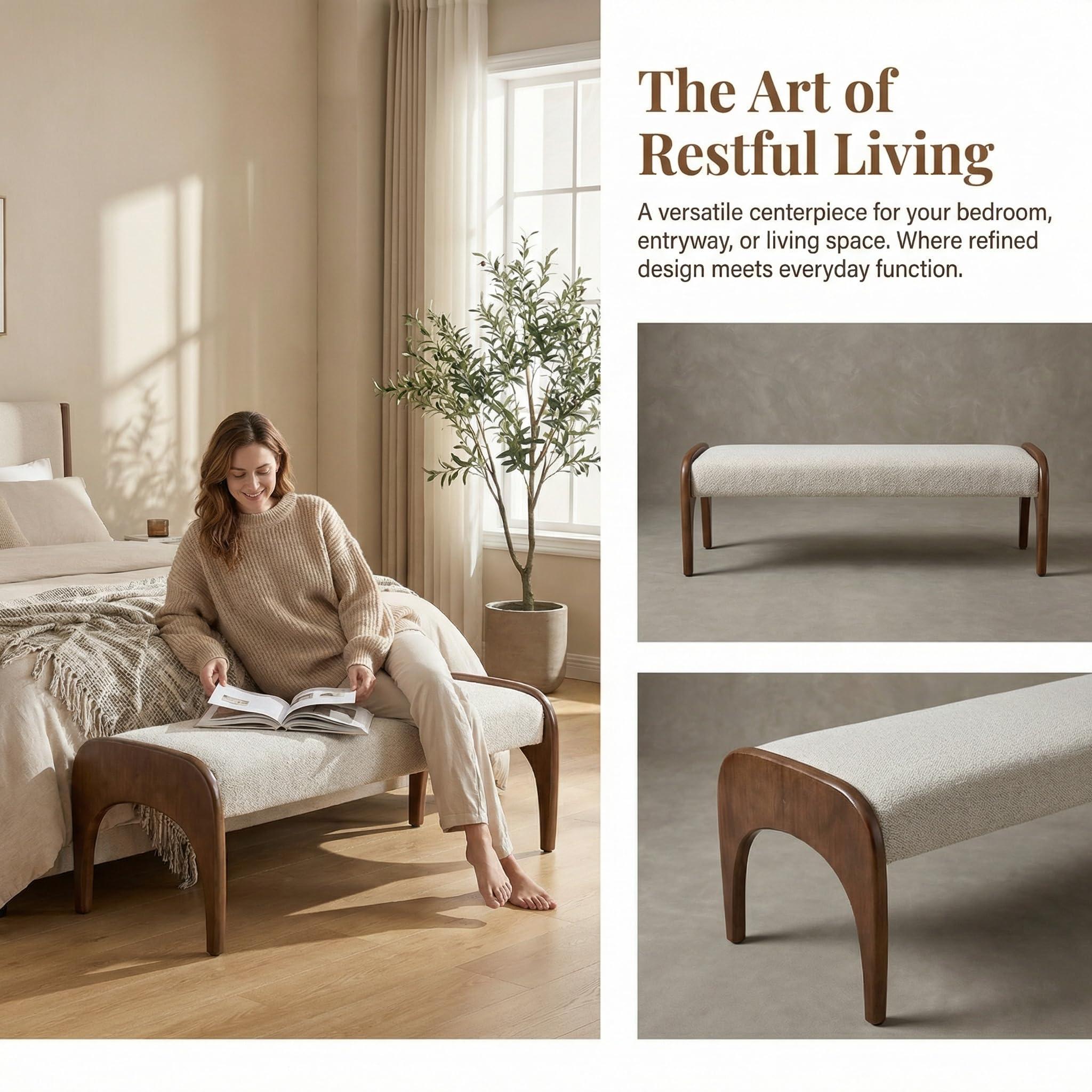 Upholstered Long Bench with Solid Wood Legs